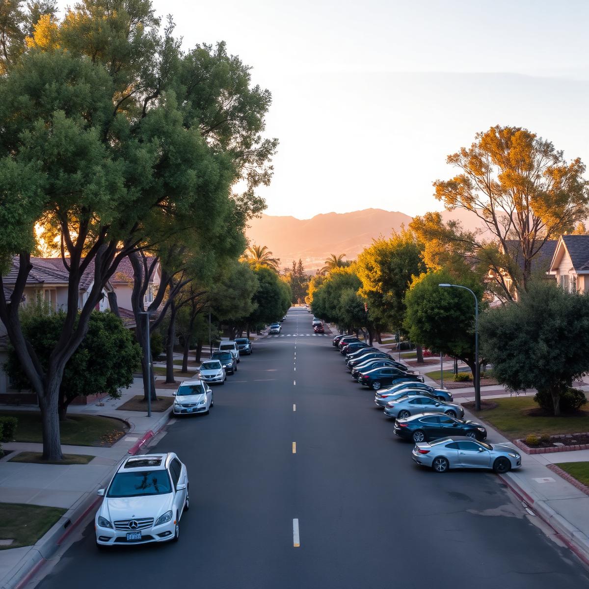 Tree-lined La Puente street at golden hour with the San Gabriel Valley skyline